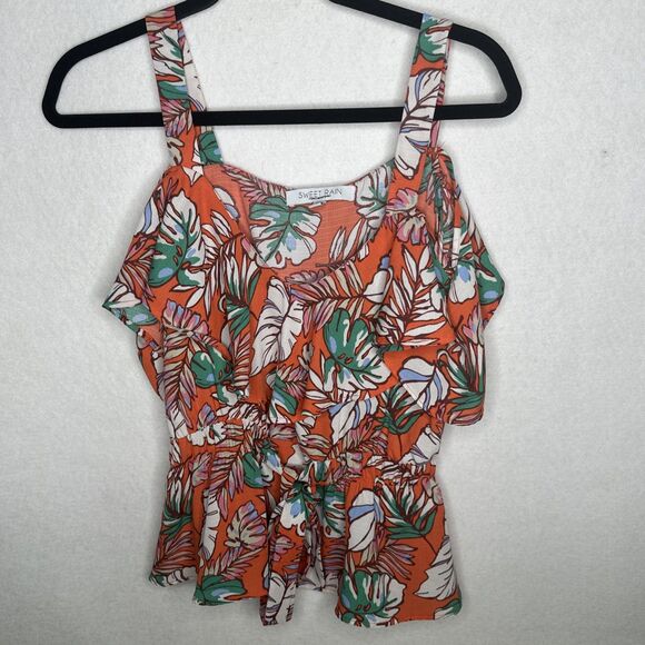Sweet Rain Womens Top XS Orange Floral Ruffle Flutter Sleeve Blouse - Picture 8 of 10
